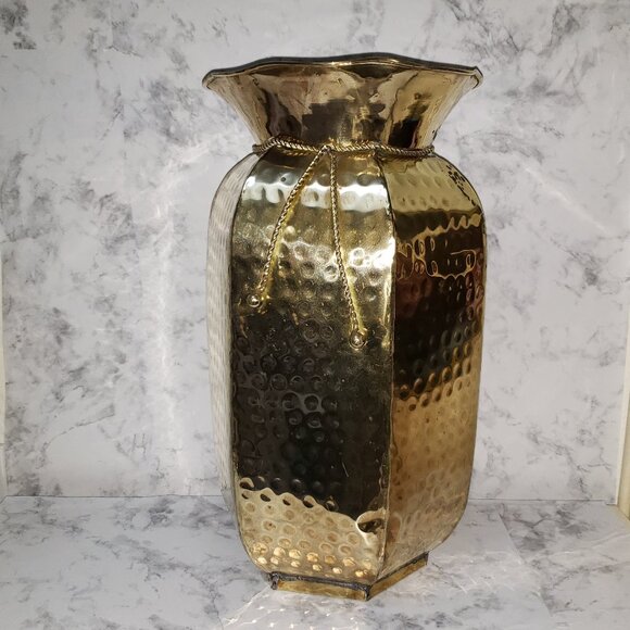 1990's Vintage MCM Decor Handmade India Hammered Rope Brass Urn Style Vase - Picture 1 of 16